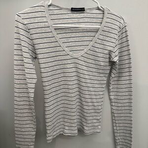 Brandy Melville Gray and Navy Striped Long Sleeve V-Neck